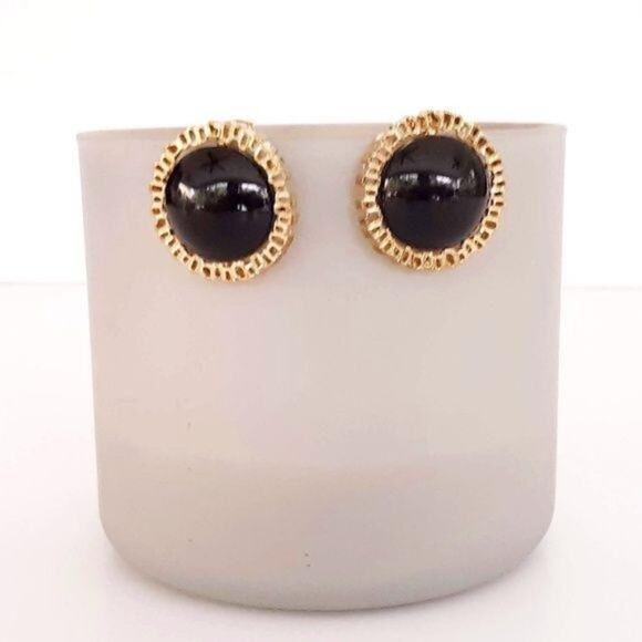 Vintage 80's look Earrings Button Stud Gold Tone Black Post Stud New with Tags C - Picture 1 of 7